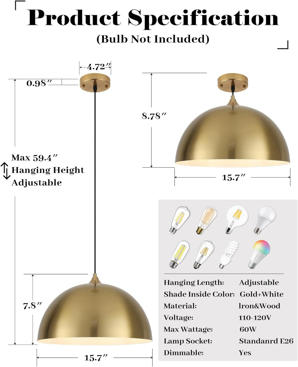 Modern Farmhouse Gold Dome Pendants Set of 2