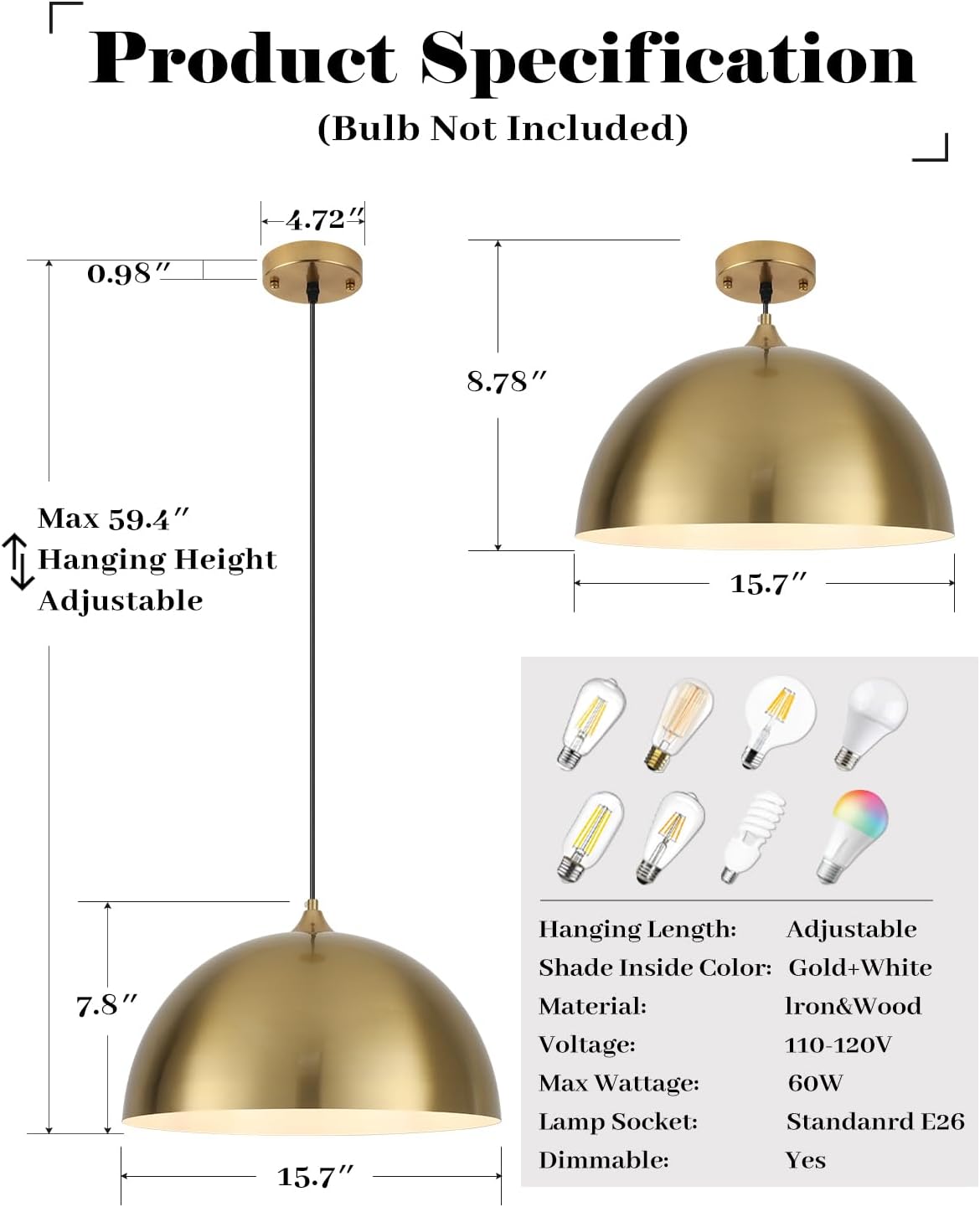 Modern Farmhouse Gold Dome Pendants Set of 2