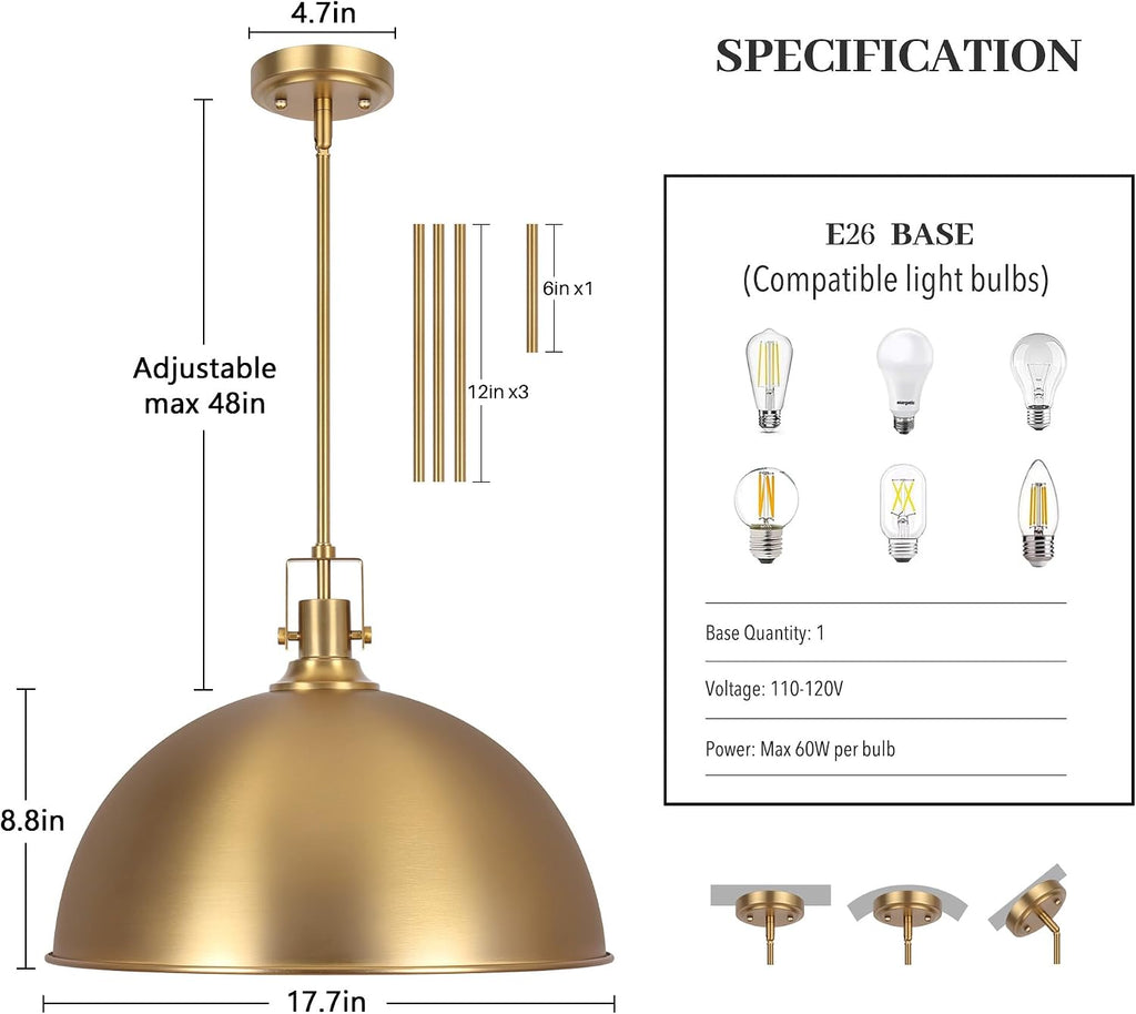 17.7in Brushed Gold Dome Pendant Light