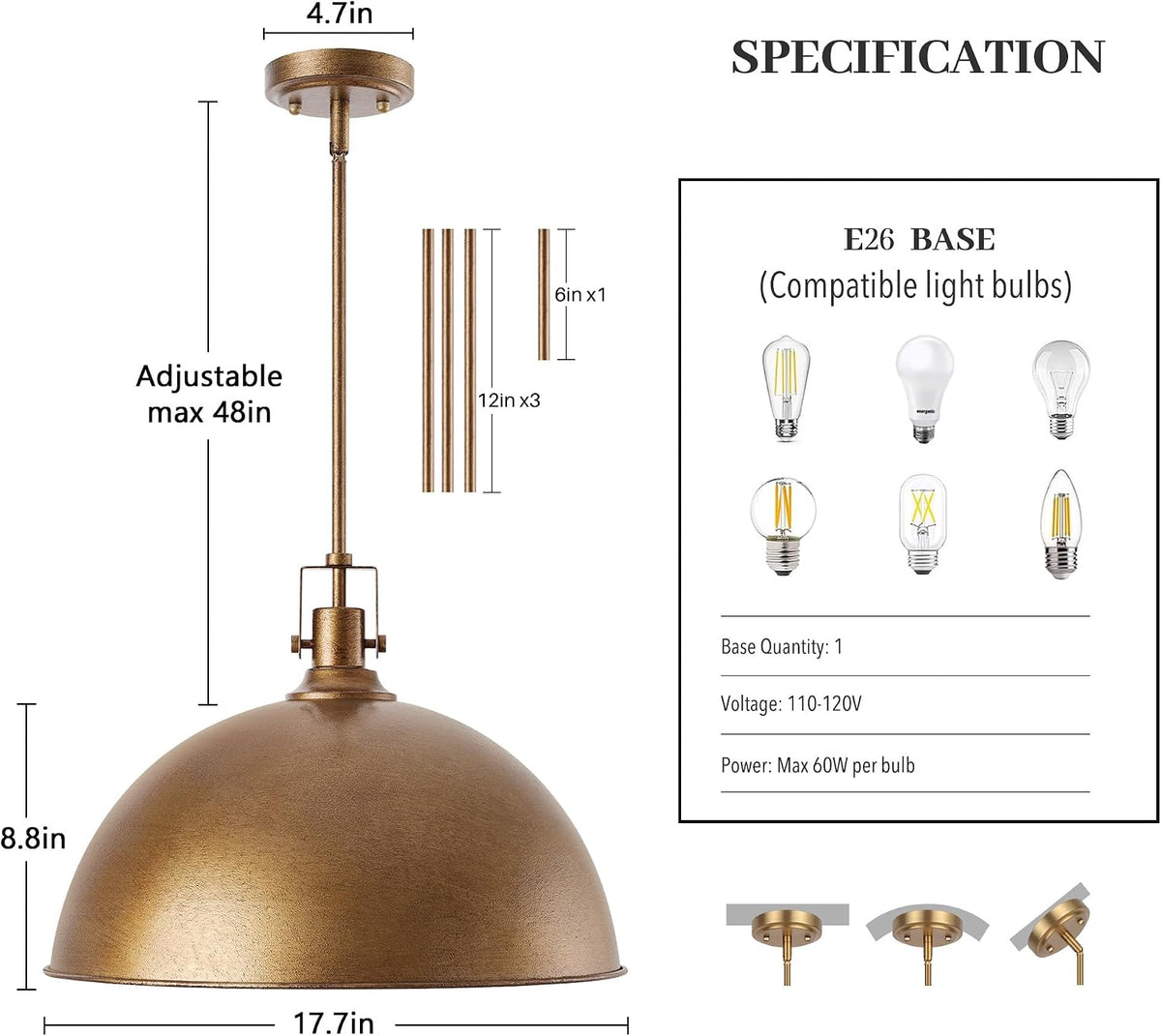 17.7in Antique Dome Pendant Light