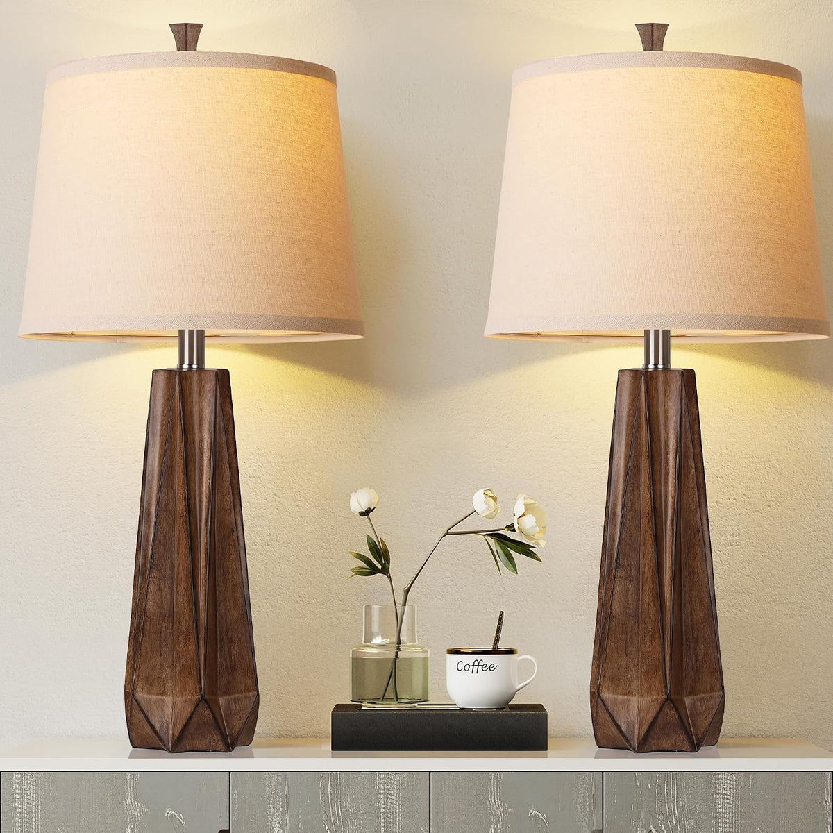 27in Wood Grain Table Lamps Set of 2