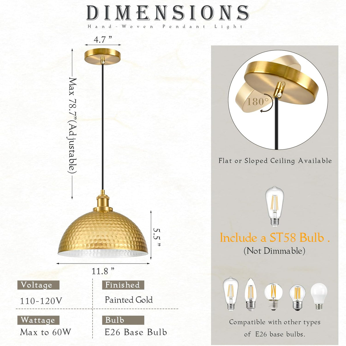Industrial Gold Hammered Dome Pendant Light